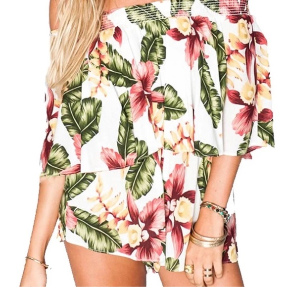 EUC Show Me Your Mumu Rosarita Romper XS Aloha Bloom Tropical Off Shoulder Boho - Picture 5 of 16